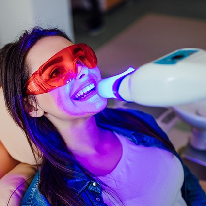 A woman receiving an in-office teeth whitening treatment